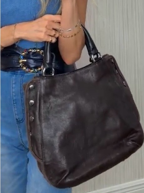 Furla Dark Brown Mixed Leather Bag With Black Leather Handles